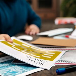A person examines a SWOT analysis paper on a desk, focused on business strategy and planning.